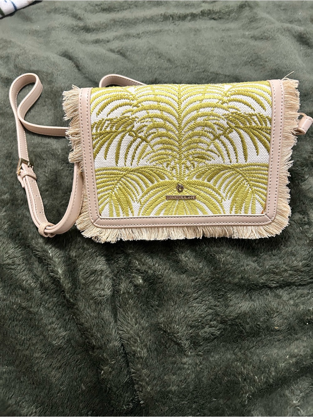 Spartina 449 Yellow/Green PalmPattern Fringe Crossbody Bag Brand New/Never Used